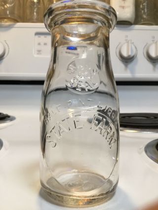 Vintage 1/2 Pt.  State Farm Bridgewater,  M.  A.  State Prison & Asylum Milk Bottle