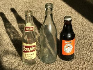 Clear Glass Blob Top Bottle Vintage Yoohoo,  Full Old Fashion Moxie Cola