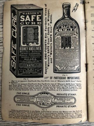 1890 Warners Safe Cure Almanac Showing Private Medicine Label Stamp