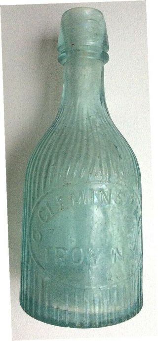 C.  Cleminshaw Troy N.  Y.  Squat Blob Top Soda Bottle Ribbed Slug Plate