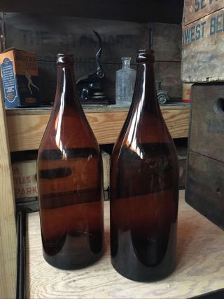 2 Large 14” Vintage Half Gallon Beer Bottle Amber Crown Top Picnic 64oz Antique