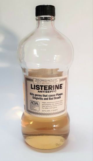 Vintage Listerine Antiseptic 1/2 Full 32 Oz.  Glass Bottle With Labels And Lid