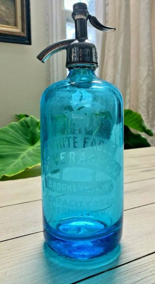 White Eagle Bev Antique Vintage Blue Seltzer Bottle From Brooklyn Ny