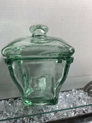 Vintage Aqua Green Hand Blown Glass Jar With Matching Glass Lid