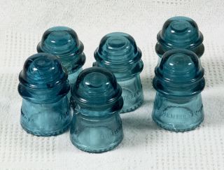 Six Antique Hemingray No.  16 Cd - 122 Aqua Blue Glass Insulators -