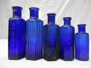 Stunning Set Of Cobalt Blue Vintage Antique Old Poison Bottles Chemist Medicine