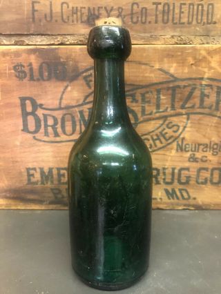 Green Iron Pontil Blob Top Squat Soda Antique Bottle