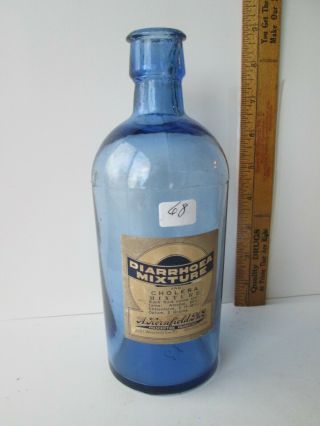 Antique Blue Opium Labeled Medicine Bottle 8.  25in.  Tall Early Three Piece Mold