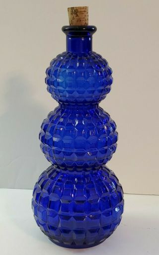 Vintage Large Cobalt Blue Glass Diamond Cuts Stacked Circular Bottle With Corck