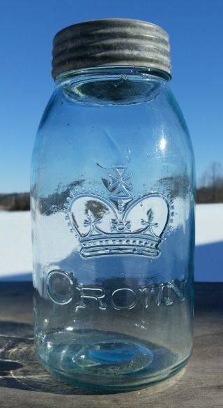 Sharp 1/2 Gallon Aqua Blue Sweetheart Crown Fruit Jar Correct Lid Swirled Exc
