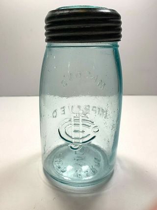 old Antique Midget Mason ' s IMPROVED Fruit JAR glass lid & band,  REVERSE CFJCo. 2