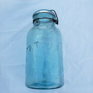 Vintage Atlas E - Z Seal Aqua Blue 2 Quart Half Gallon Wire Bail Glass Lid Jar