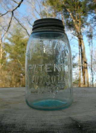 Antique Midget Pint Mason’s Patent Nov.  30th 1858 Fruit Jar Lug Lid Aqua