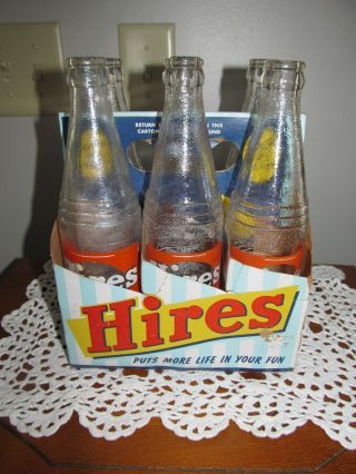 Vintage Glass Soda Bottles 12 Oz.  Hires Root Beer 6 Pack W/carton Yrs 48,  56,  & 58