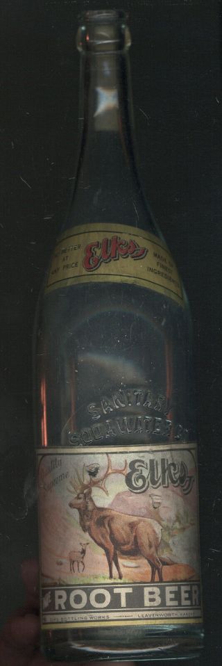 Old Embossed Paper Label Root Beer Bottle,  Elks Bottling,  Leavenworth,  Ks.