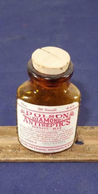 Antique Eli Lilly Poison Bottle With Skull & Crossbones Paper Label Diamond