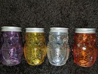 Set Of 4 Owl Glass Jars 5,  5 " X2.  7 ".  Like Depression Glass.  With The Metal Lids.