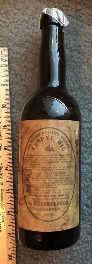 Antique Gospel Oil Cure For Man Or Beast Medicine Bottle & Full Label Rochester