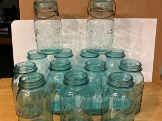 Large Group Of Ball Blue Glass Jars W/2 Lids,  2 Atlas ‘e - Z Seal’ Jars