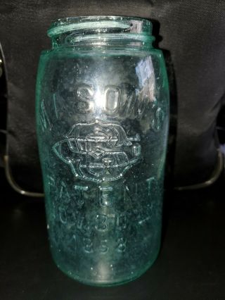 Masons Sgco Swayzee Monogram Patent 1858 Aqua Quart Ground Lip Jar Zinc Lid