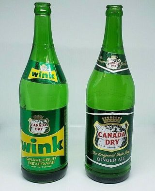 (2) Vintage Canada Dry Wink And Ginger Ale Soda Quart Bottles Paper Labels