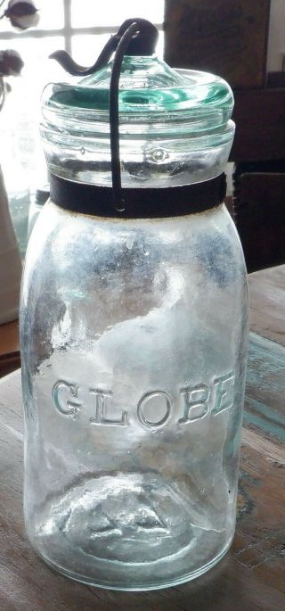 Early Globe Clear Quart Fruit Canning Jar 77 With Aqua Lid 1886