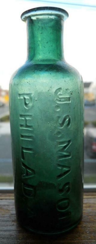 Strong Green Large Open Tube Pontil J.  S.  Mason Philadelphia Master Ink Bottle