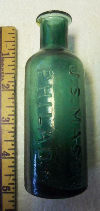 Strong Green Large Open Tube Pontil J.  S.  Mason Philadelphia Master Ink Bottle 3