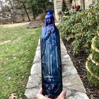 Stunning Cobalt Blue Figural Our Lady Of Guadalupe Woman Praying Bottle Mexican
