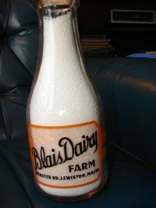 Lewiston Maine Blais Dairy Round Pyro Quart Milk Bottle