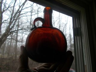 Reddish Amber 1880s Applied Handle Chestnut Whiskey Flask 6 1/4 " Small Size