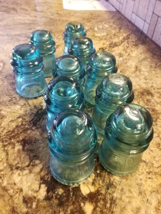 10 Vintage Hemingray No 16 Glass Insulator Blue/green