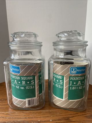 Vintage Large Anchor Hocking Glass Square Fountain Jars Labels 62 Oz Usa