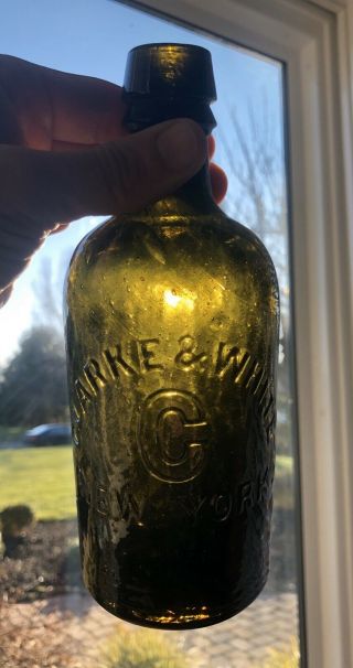 Early Clarke & White Mineral Water Glass Bottle “c” York Green Olive Color