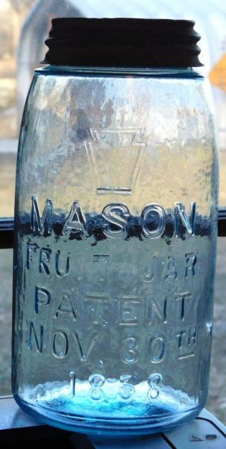 Keystone Mason " Fruit Jar " Patent 1858 Aqua Quart With Whittle And Ground Lip