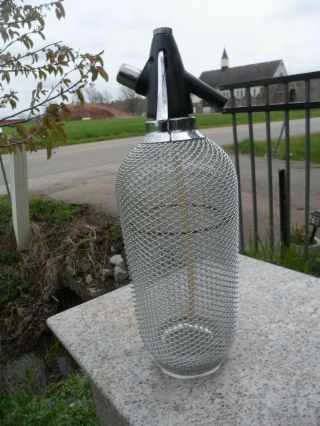 Vintage Clear Glass & Mesh Seltzer Bottle 14 " Siphon Soda Red Line Weigh 4 Lbs