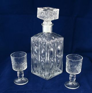 Vintage Midle 20`c Glass Bottle Carafe & 2 Cups For Whiskey Cognac Brandy Liquor