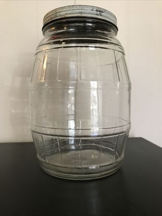 Vintage Rare 1 Gallon Barrel Shaped Glass Pickle Jar With Screw Lid Top