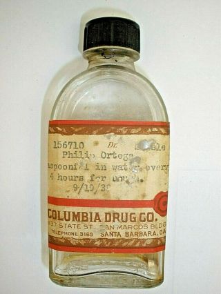Antique Columbia Drug Co.  Bottle Santa Barbara California Cough Medicine Bottle