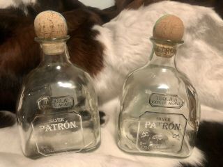 2 Large Patron Silver Tequila 1.  75 L Empty Bottles Corks Collector Upcycle