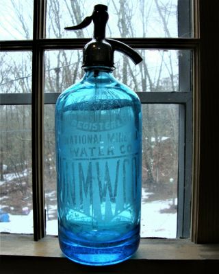 Vtg 26oz Seltzer Siphon Bottle Blue National Mineral Water Co Jamaica Ny Austria