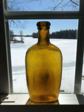 Vintage Seam Side Light Amber Flask - Half Pint - Hinge Mold - Check It Out