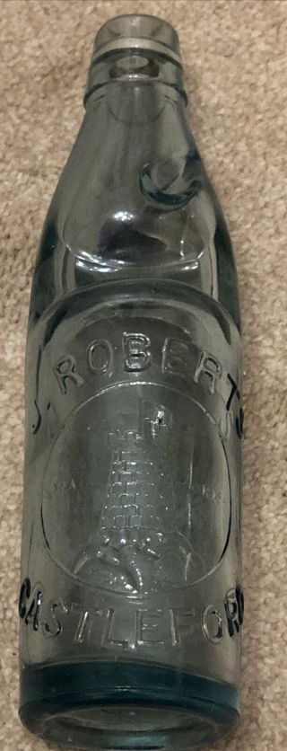 Vintage Green Glass,  Blue Marble Neck Codds Bottle - J.  Roberts Castleford - Vgc