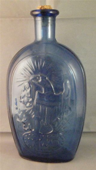 Vintage Cobalt Blue Embossed Franklin Twd Ship Eagle Bottle Decanter Jar W/ Cork