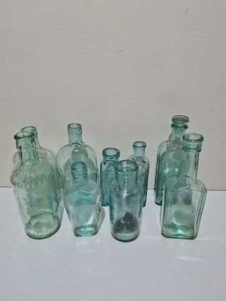 Joblot Of Antique & Vintage Green Glass Aqua Bottle X9 Embossed Apothecary