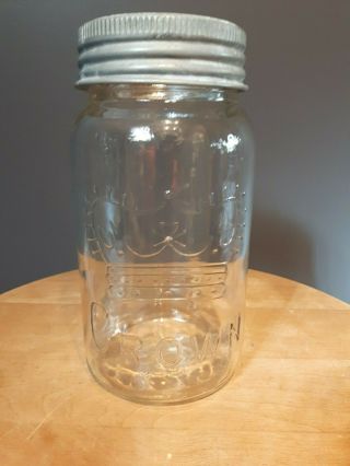 Antique Vintage Crown Mason Clear Glass Jar With Zinc & Glass 1950