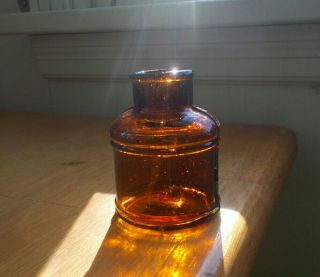 1880s Amber Hand Blown Round " Spool " Ink Bottle With Rings