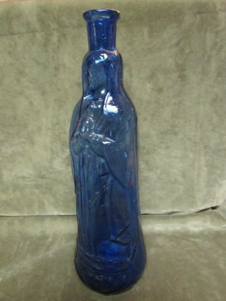 Vintage Made In Mexico Art Glass Cobalt Blue Madonna Bottle W/handle Mold Blown