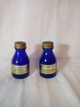 2 Antique Cobalt Blue Vicks Nose Drops Medicine Bottle Screw - On S&p Shaker Tops0