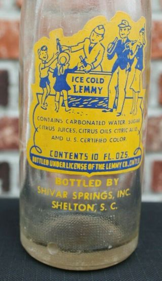 Early 1900 LEMMY LEMONADE SODA BOTTLE SHIVAR SPRINGS SHELTON SC 9 3/4 INCH TALL 3